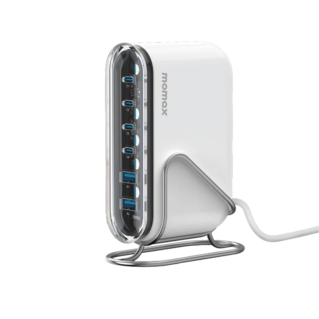 موماكس – شاحن سطح مكتب 6 منافذ GAN بقوة 120 واط (4 Type-C + 2 USB)